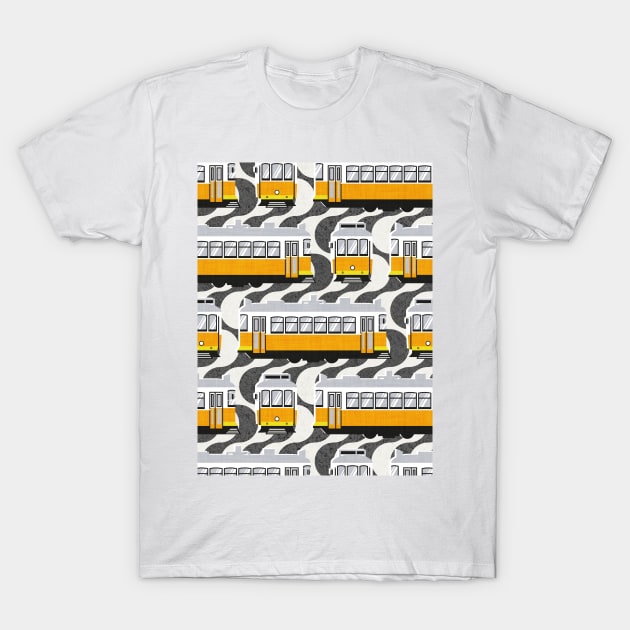 Lisbon trams // Portuguese Rossio cobblestone inspiration background lemon lime and marigold transport T-Shirt by SelmaCardoso